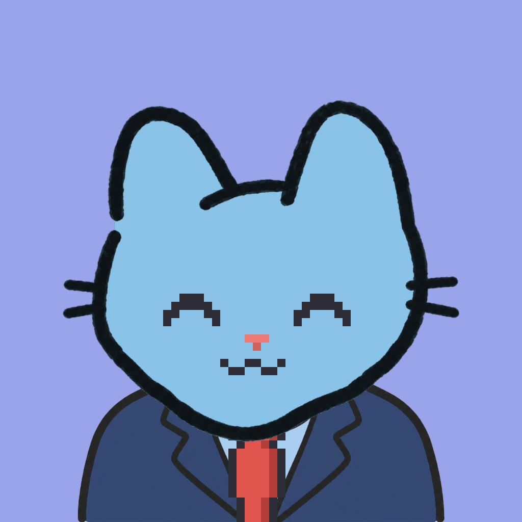 Employee #0001 — a sky cat, in a navy suit, with a red tie, on periwinkle