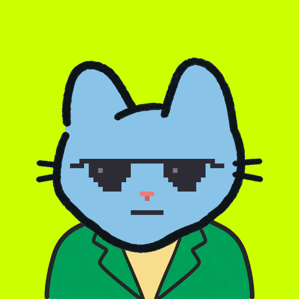 Employee #0010 — a sky cat, in a green suit, wearing shades glasses, on volt