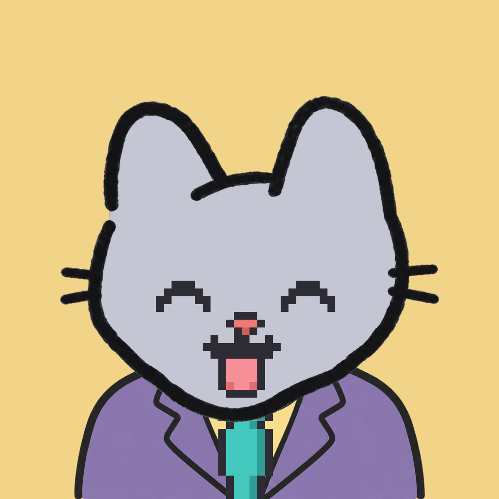 Employee #0100 — a gray cat, in a lavender suit, with a teal tie, on butter