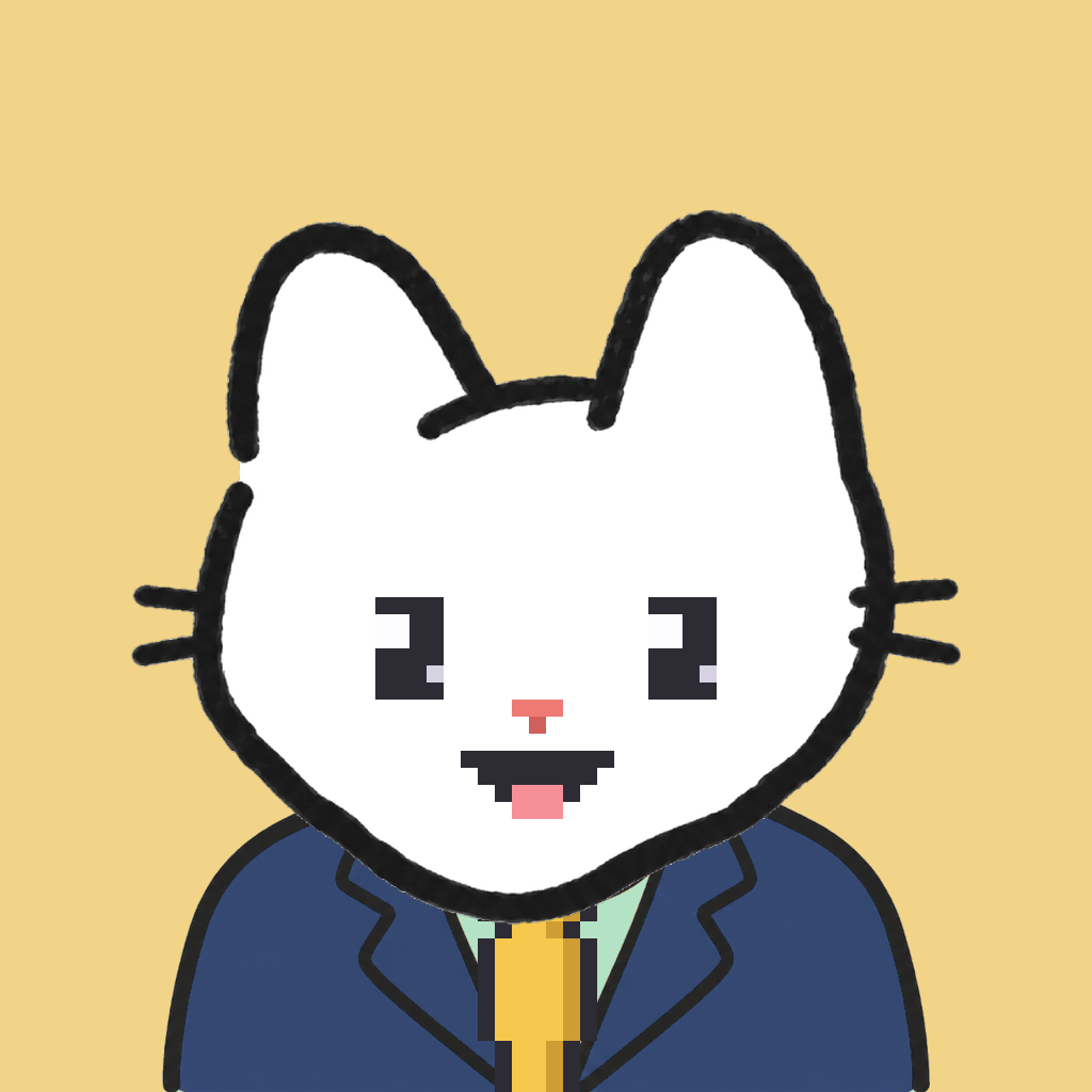 Employee #1000 — a white cat, in a navy suit, with a gold tie, on butter