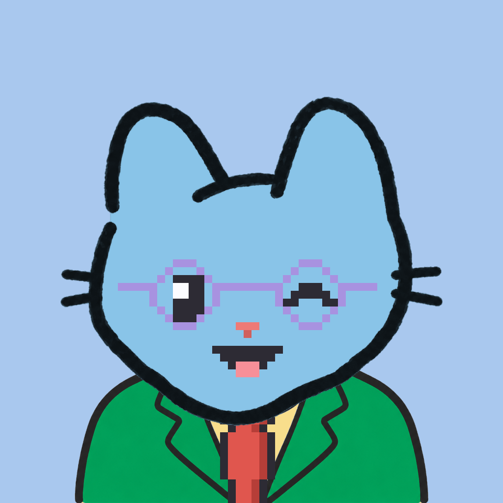Employee #1001 — a sky cat, in a green suit, with a red tie, wearing round-lavender glasses, on sky