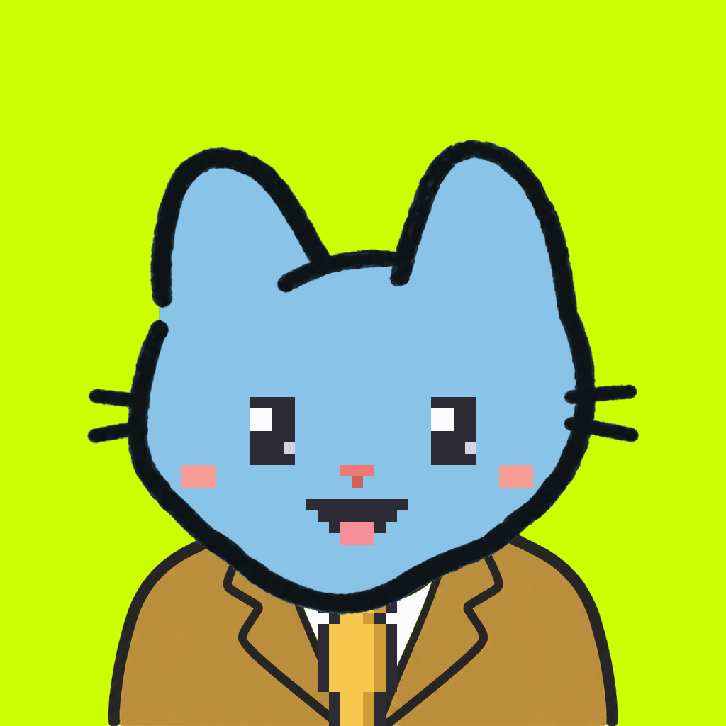 Employee #1002 — a sky cat, in a mustard suit, with a gold tie, on volt