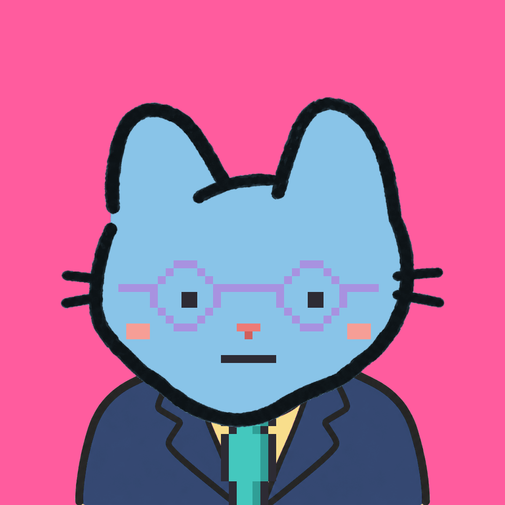 Employee #1004 — a sky cat, in a navy suit, with a teal tie, wearing round-lavender glasses, on hot pink