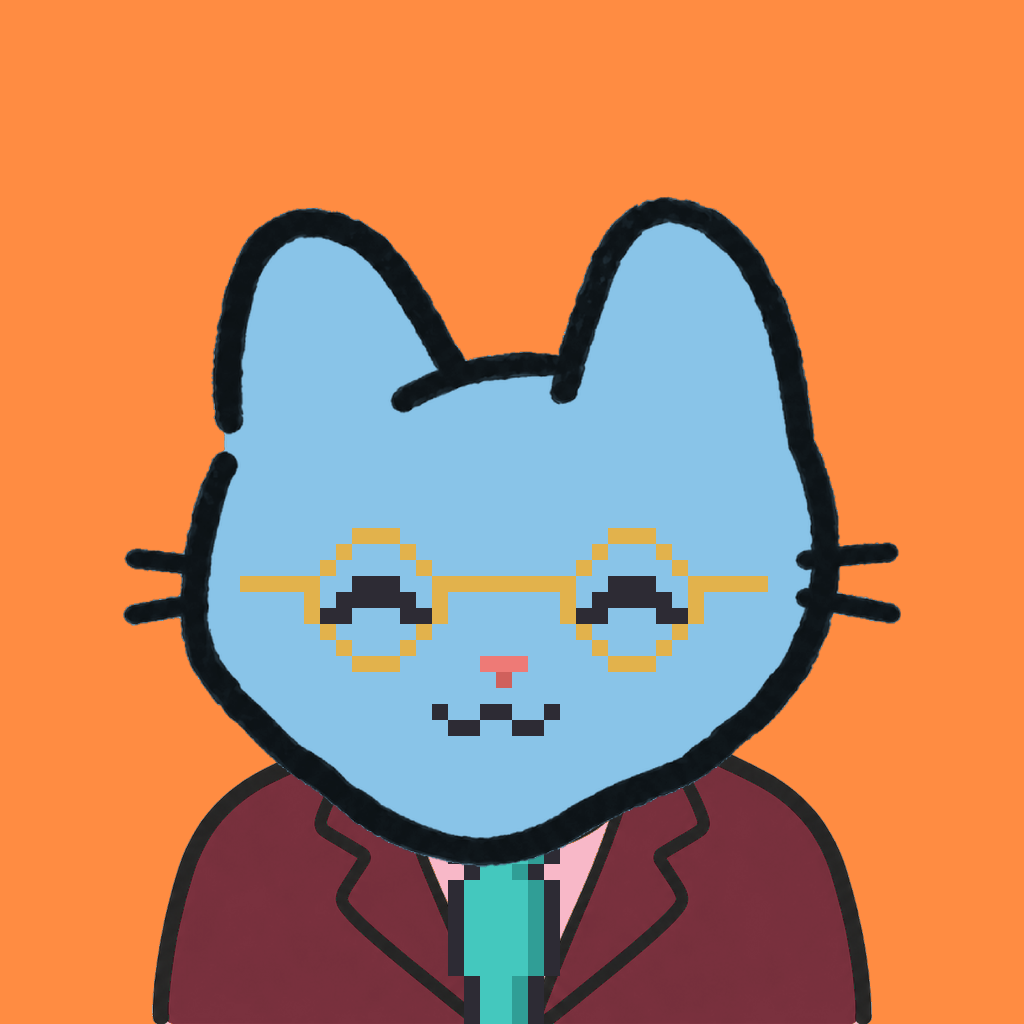 Employee #1005 — a sky cat, in a burgundy suit, with a teal tie, wearing round-gold glasses, on tangerine