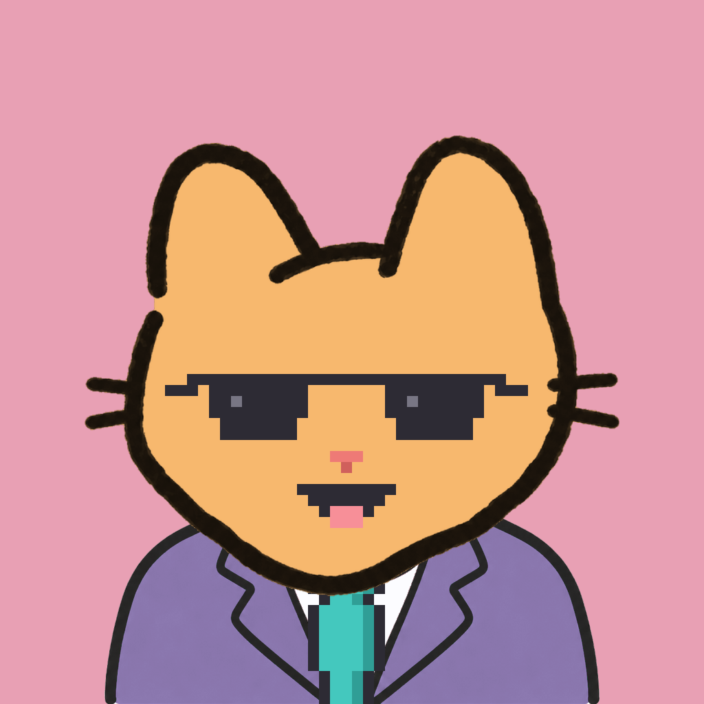 Employee #1007 — a tabby cat, in a lavender suit, with a teal tie, wearing shades glasses, on rose