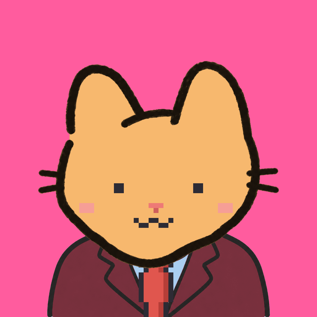 Employee #1008 — a tabby cat, in a burgundy suit, with a red tie, on hot pink