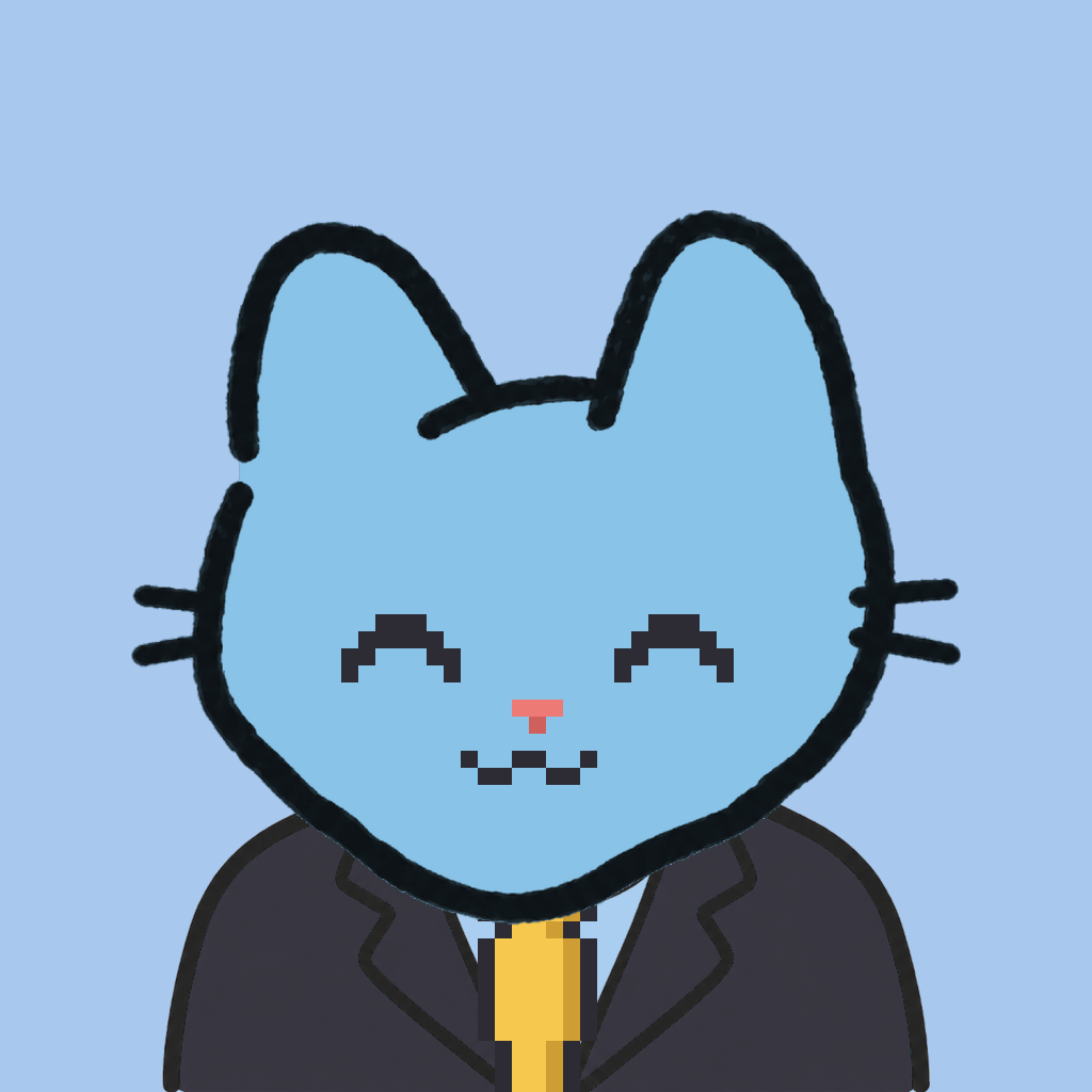 Employee #1009 — a sky cat, in a black suit, with a gold tie, on sky