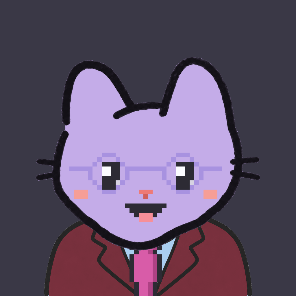 Employee #0101 — a lavender cat, in a burgundy suit, with a magenta tie, wearing round-lavender glasses, on charcoal