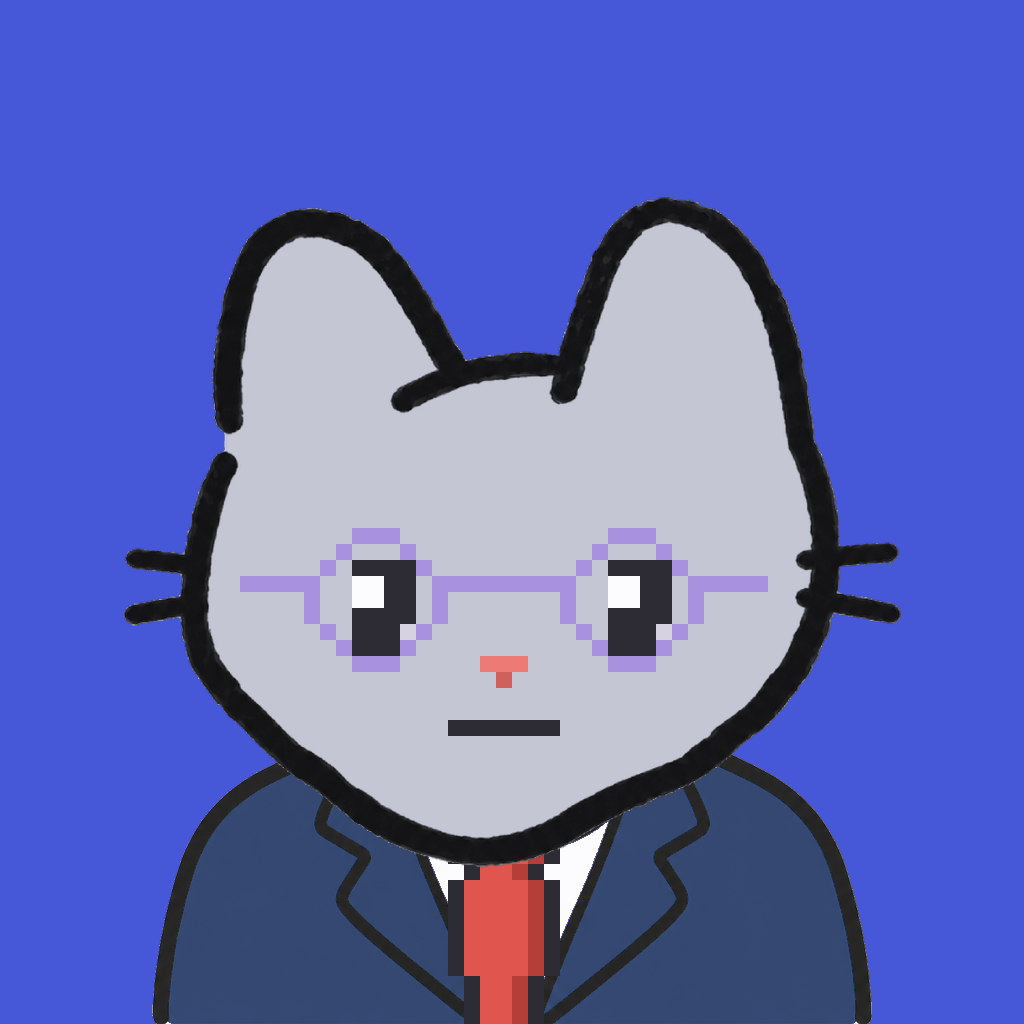 Employee #1010 — a gray cat, in a navy suit, with a red tie, wearing round-lavender glasses, on royal