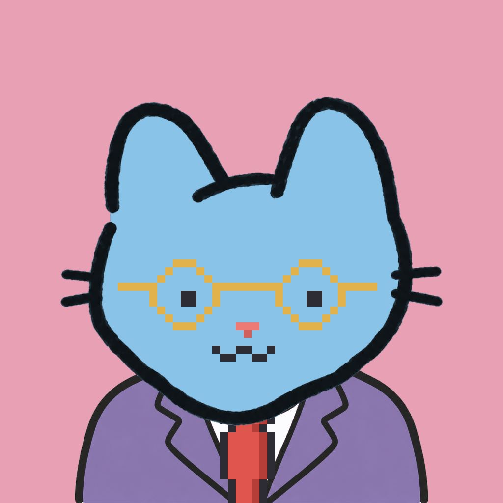 Employee #1011 — a sky cat, in a lavender suit, with a red tie, wearing round-gold glasses, on rose
