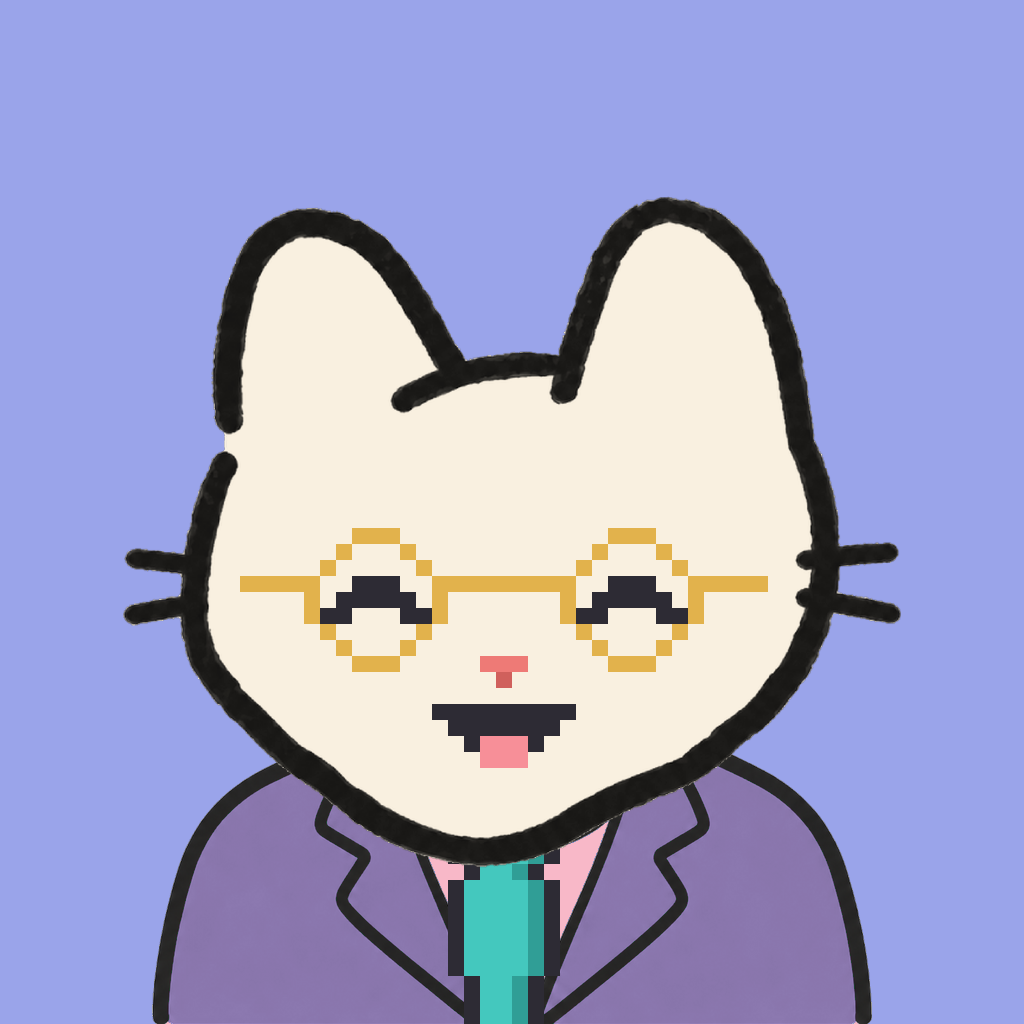 Employee #1012 — a cream cat, in a lavender suit, with a teal tie, wearing round-gold glasses, on periwinkle
