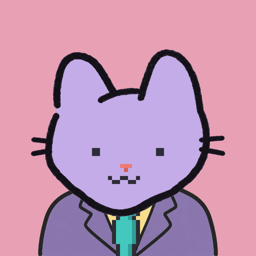 Employee #1013 — a lavender cat, in a lavender suit, with a teal tie, on rose