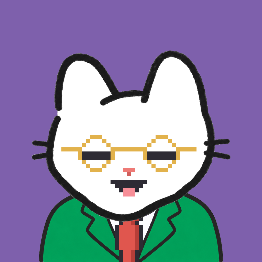 Employee #1014 — a white cat, in a green suit, with a red tie, wearing round-gold glasses, on plasma violet