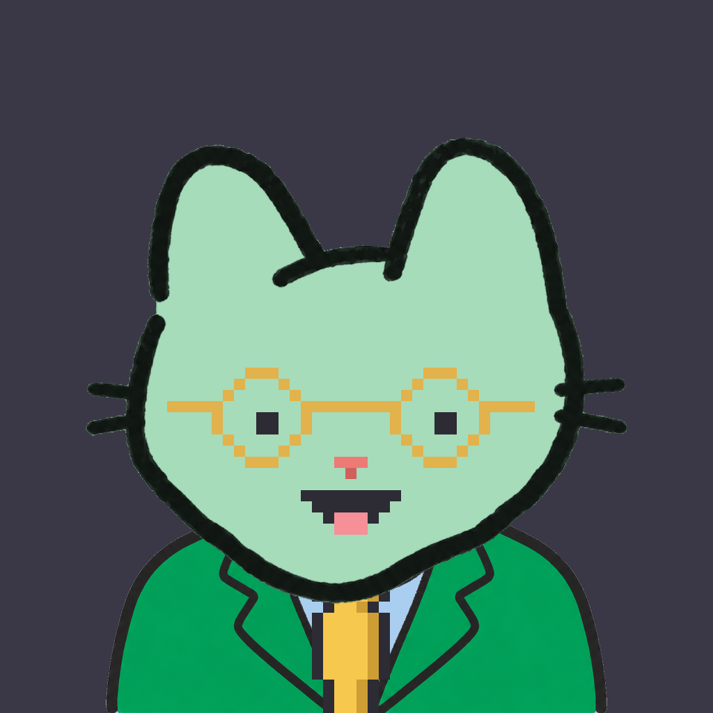 Employee #1015 — a mint cat, in a green suit, with a gold tie, wearing round-gold glasses, on charcoal