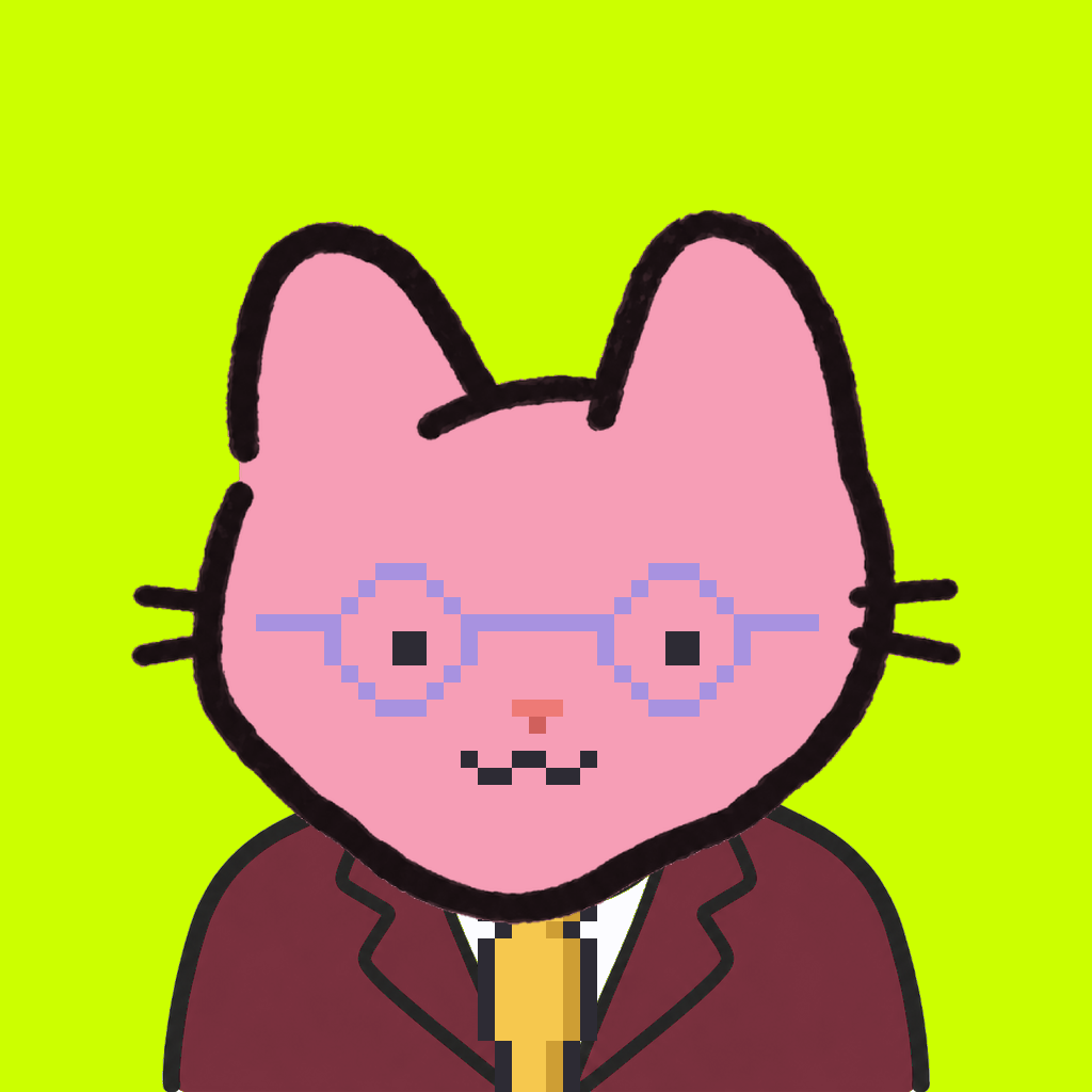 Employee #1016 — a pink cat, in a burgundy suit, with a gold tie, wearing round-lavender glasses, on volt