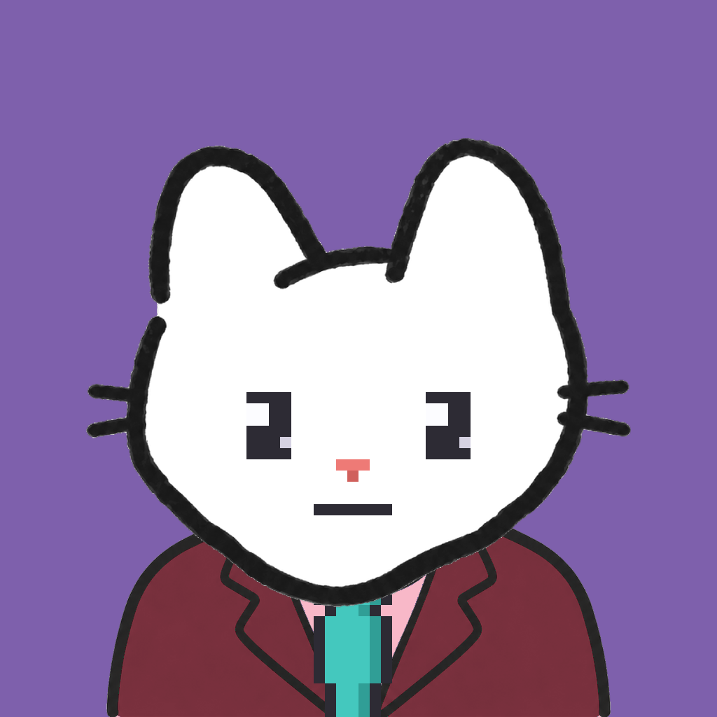 Employee #1017 — a white cat, in a burgundy suit, with a teal tie, on plasma violet