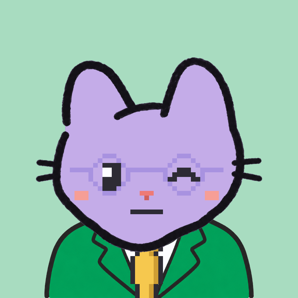Employee #1018 — a lavender cat, in a green suit, with a gold tie, wearing round-lavender glasses, on mint