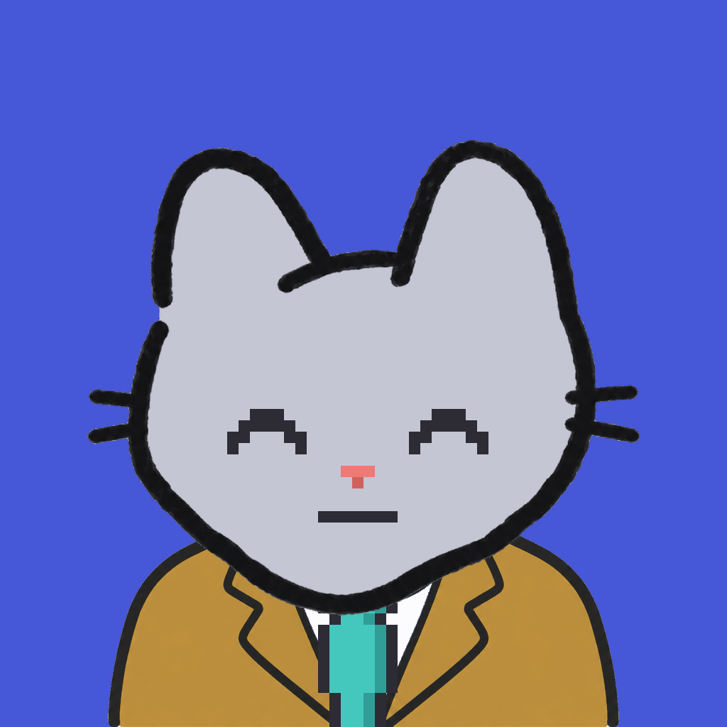 Employee #1019 — a gray cat, in a mustard suit, with a teal tie, on royal