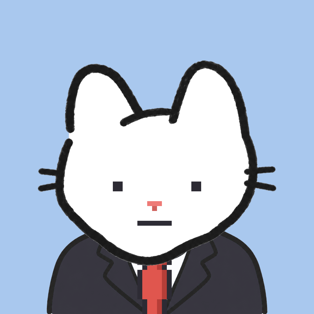 Employee #0102 — a white cat, in a black suit, with a red tie, on sky
