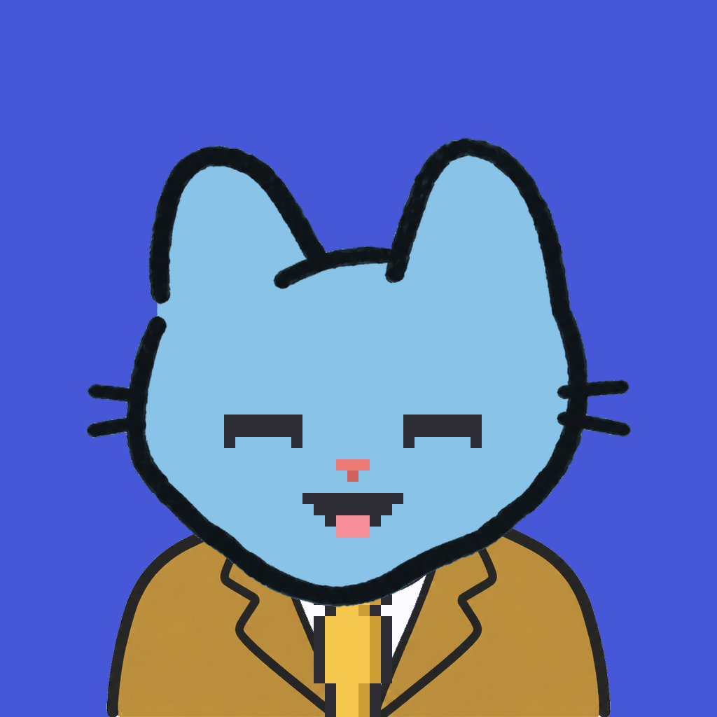 Employee #1020 — a sky cat, in a mustard suit, with a gold tie, on royal