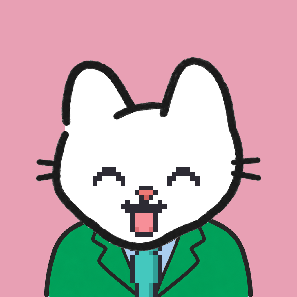 Employee #1021 — a white cat, in a green suit, with a teal tie, on rose