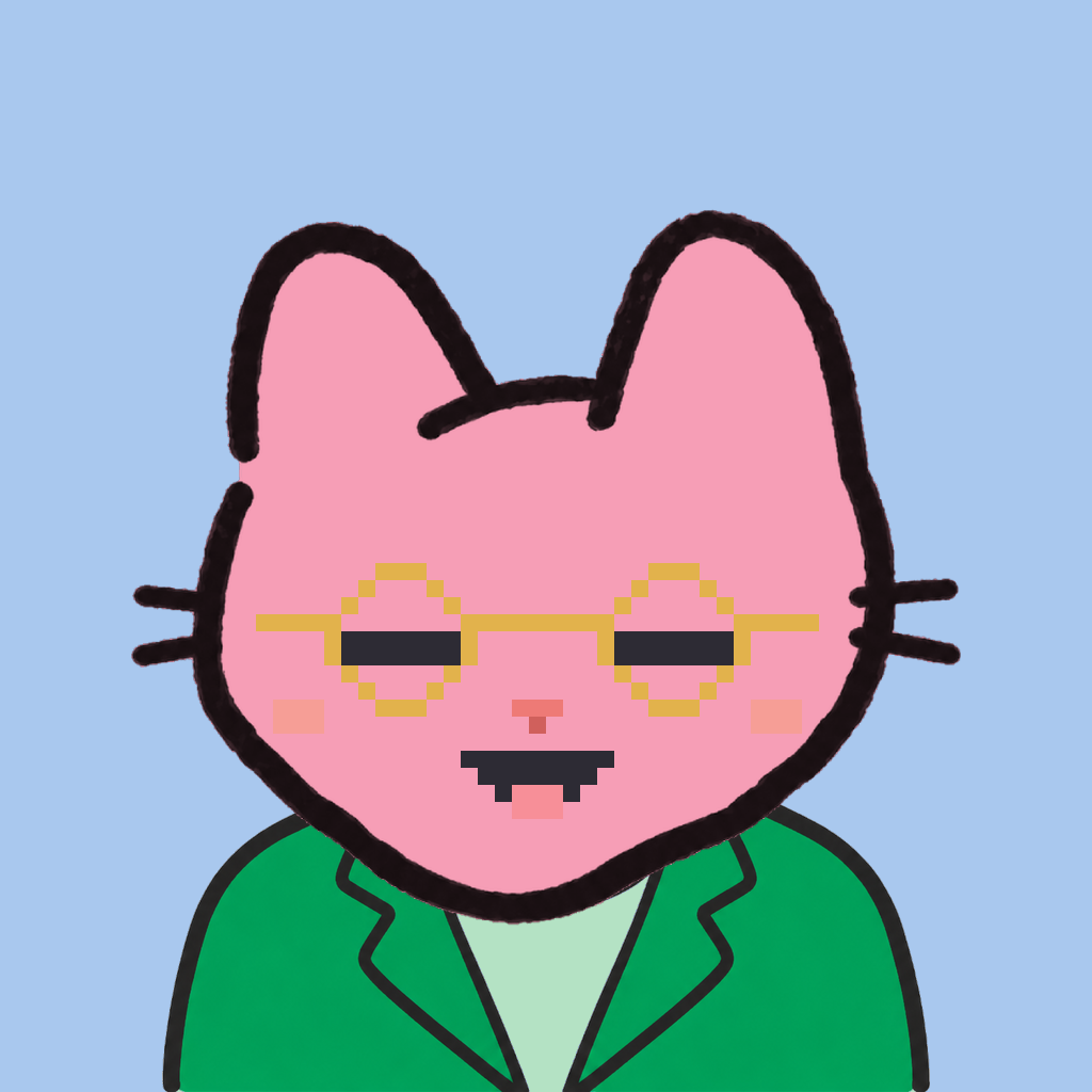 Employee #1022 — a pink cat, in a green suit, wearing round-gold glasses, on sky