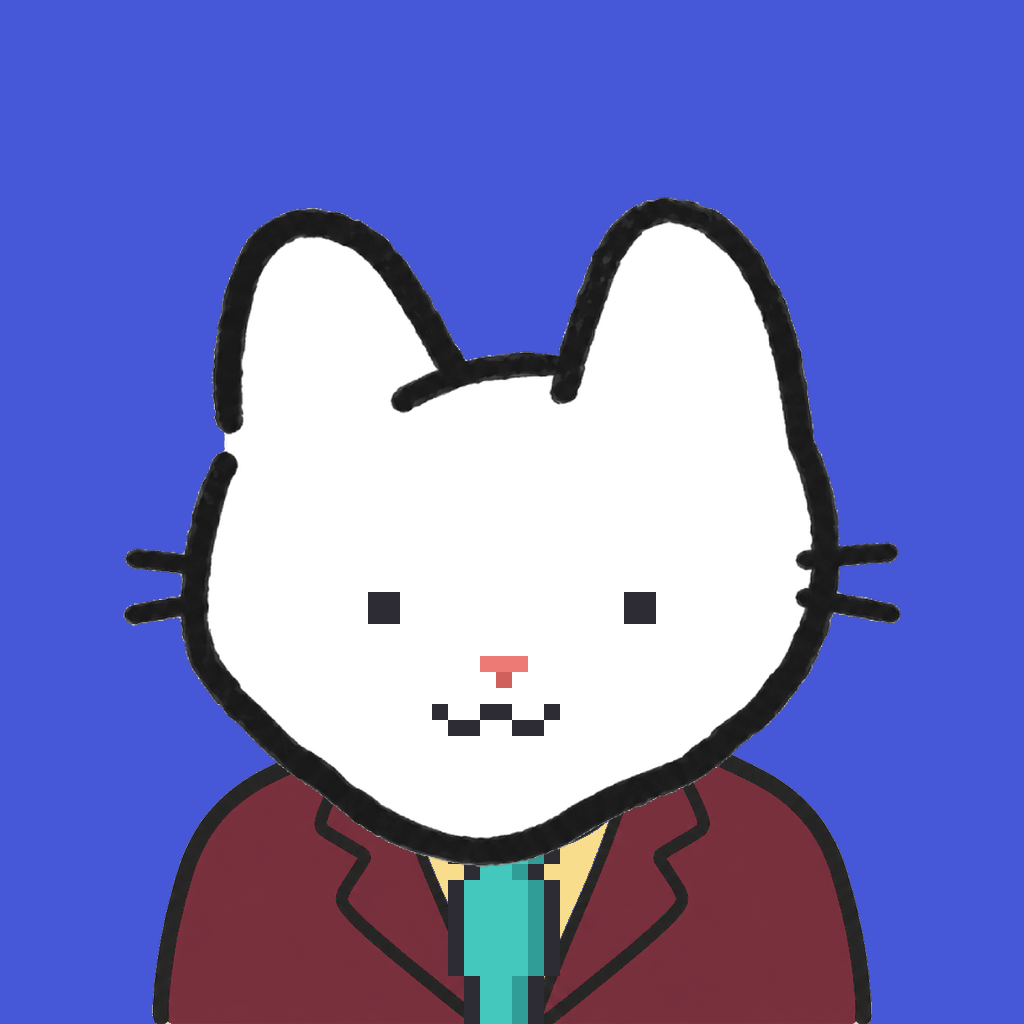 Employee #1023 — a white cat, in a burgundy suit, with a teal tie, on royal