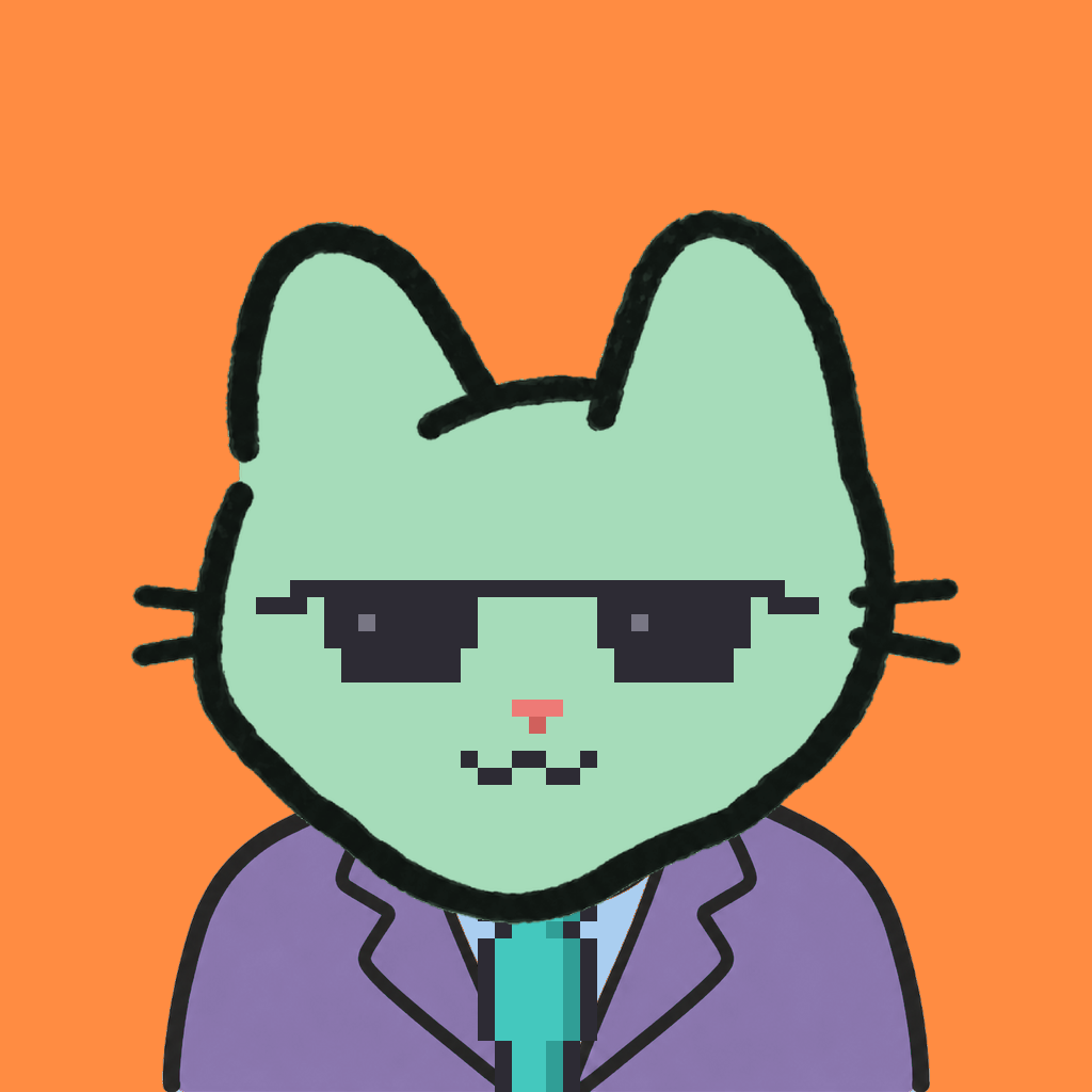 Employee #1024 — a mint cat, in a lavender suit, with a teal tie, wearing shades glasses, on tangerine