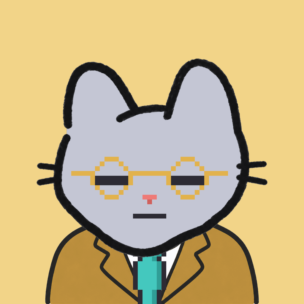 Employee #1025 — a gray cat, in a mustard suit, with a teal tie, wearing round-gold glasses, on butter