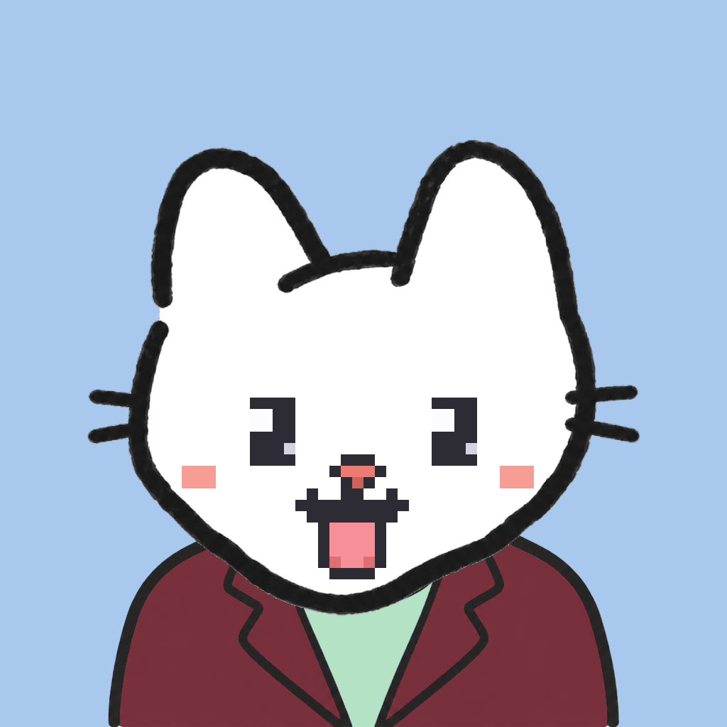 Employee #1026 — a white cat, in a burgundy suit, on sky