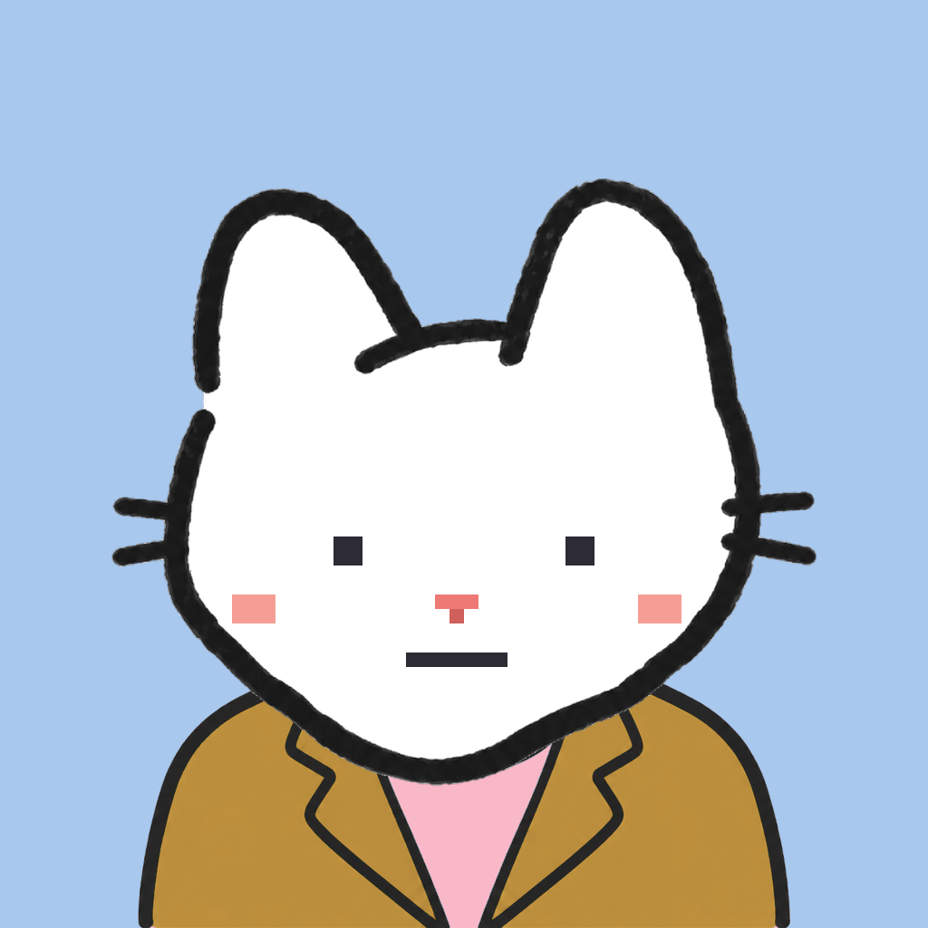 Employee #1027 — a white cat, in a mustard suit, on sky