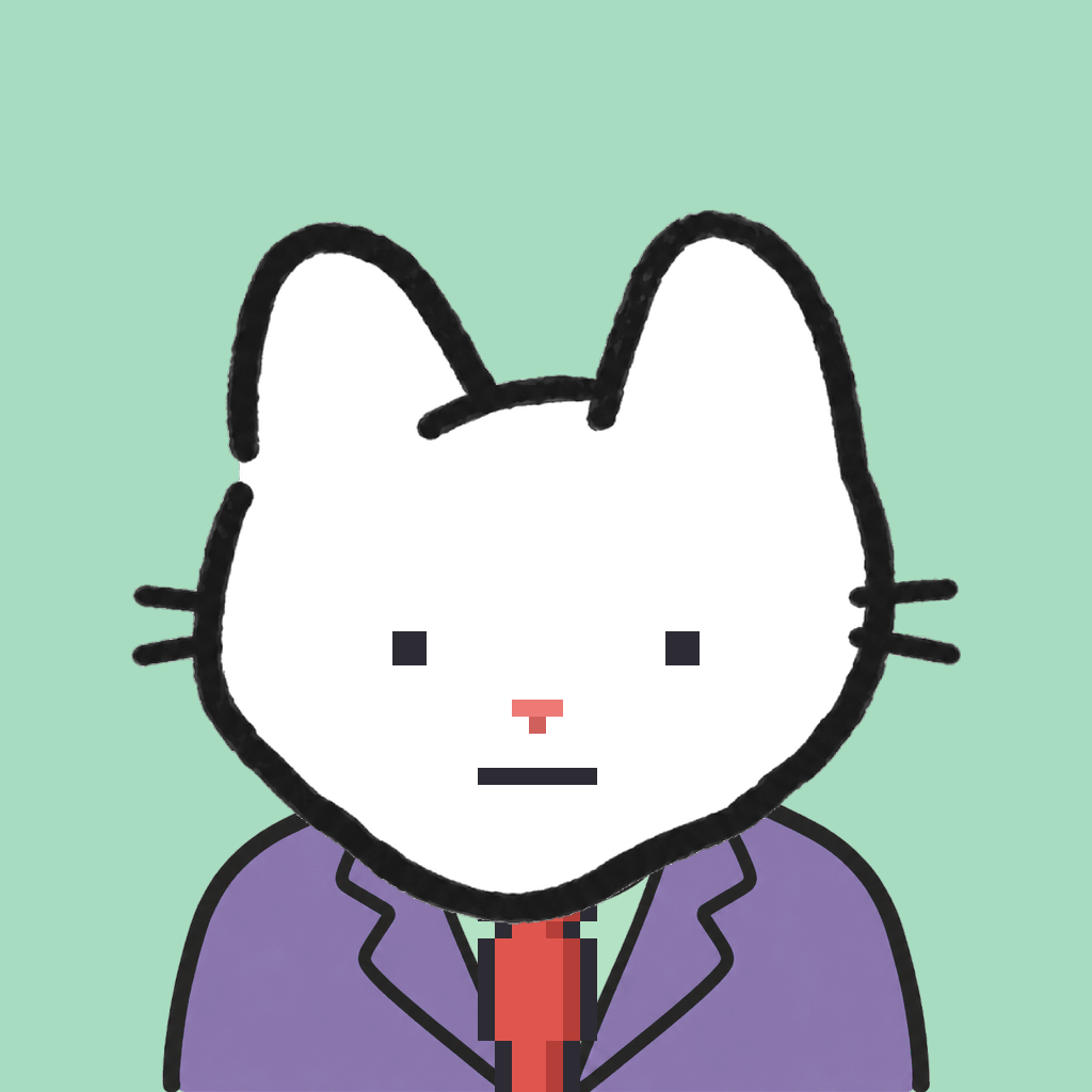 Employee #1028 — a white cat, in a lavender suit, with a red tie, on mint