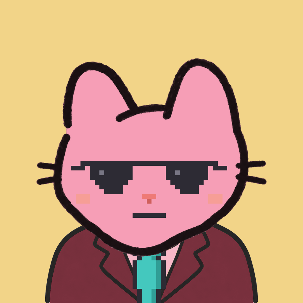Employee #0103 — a pink cat, in a burgundy suit, with a teal tie, wearing shades glasses, on butter