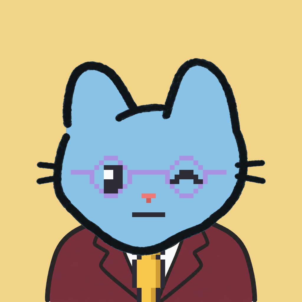 Employee #1030 — a sky cat, in a burgundy suit, with a gold tie, wearing round-lavender glasses, on butter
