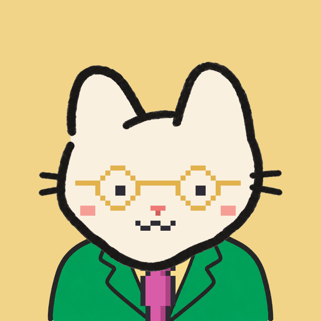 Employee #1031 — a cream cat, in a green suit, with a magenta tie, wearing round-gold glasses, on butter