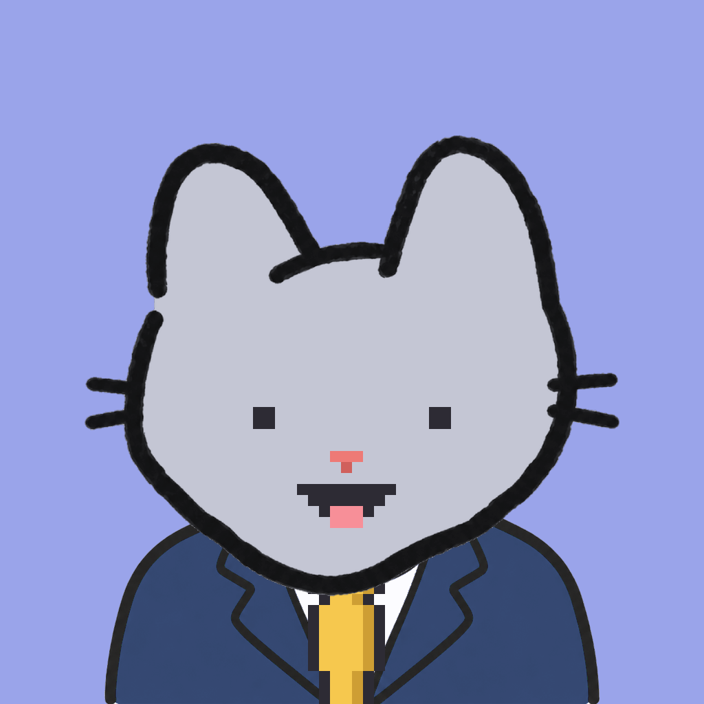 Employee #1032 — a gray cat, in a navy suit, with a gold tie, on periwinkle