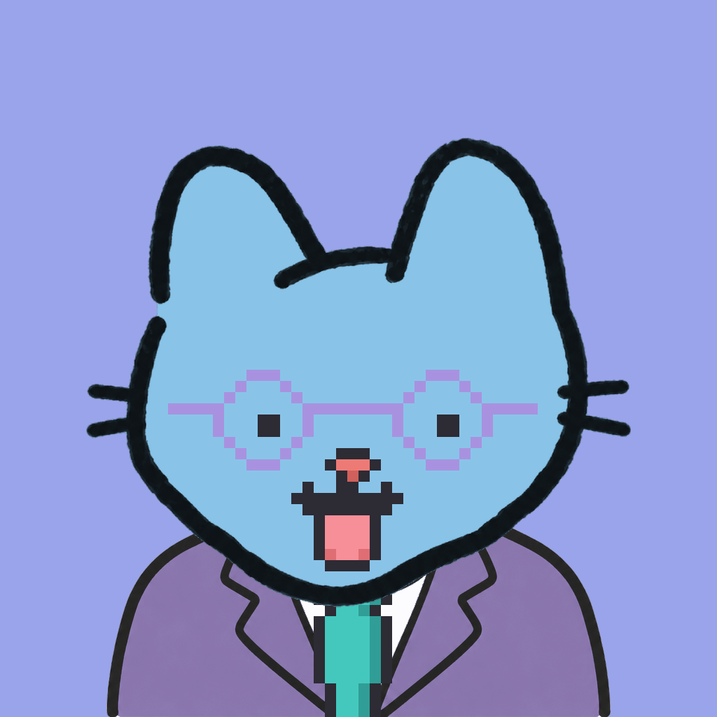 Employee #1034 — a sky cat, in a lavender suit, with a teal tie, wearing round-lavender glasses, on periwinkle