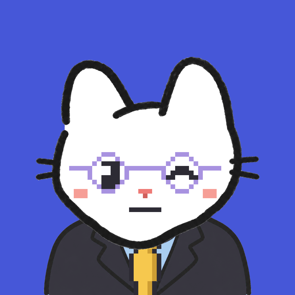 Employee #1035 — a white cat, in a black suit, with a gold tie, wearing round-lavender glasses, on royal