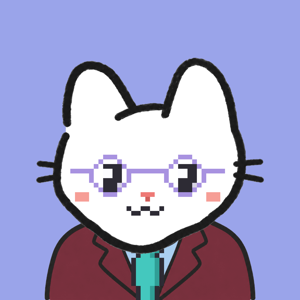Employee #1036 — a white cat, in a burgundy suit, with a teal tie, wearing round-lavender glasses, on periwinkle