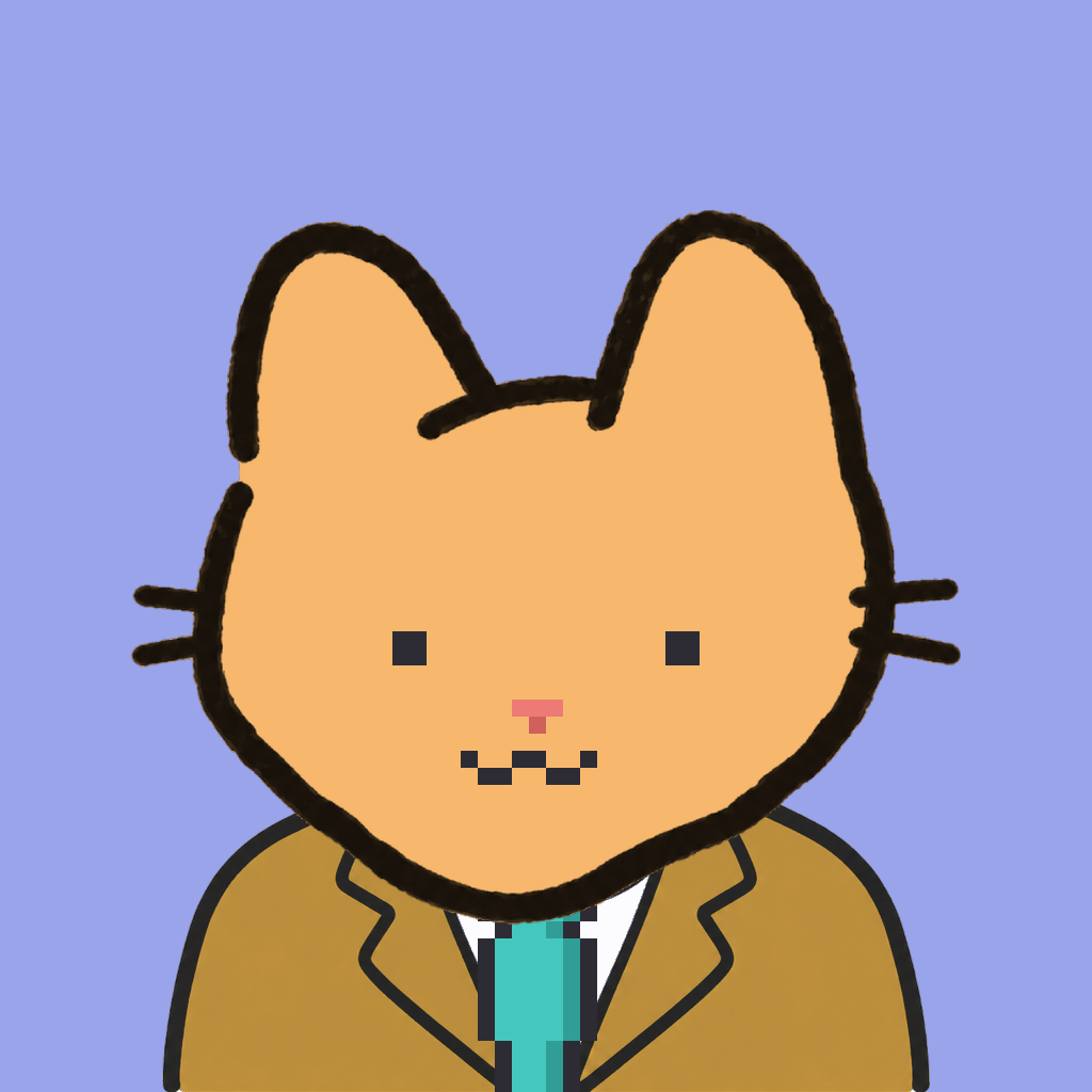 Employee #1037 — a tabby cat, in a mustard suit, with a teal tie, on periwinkle