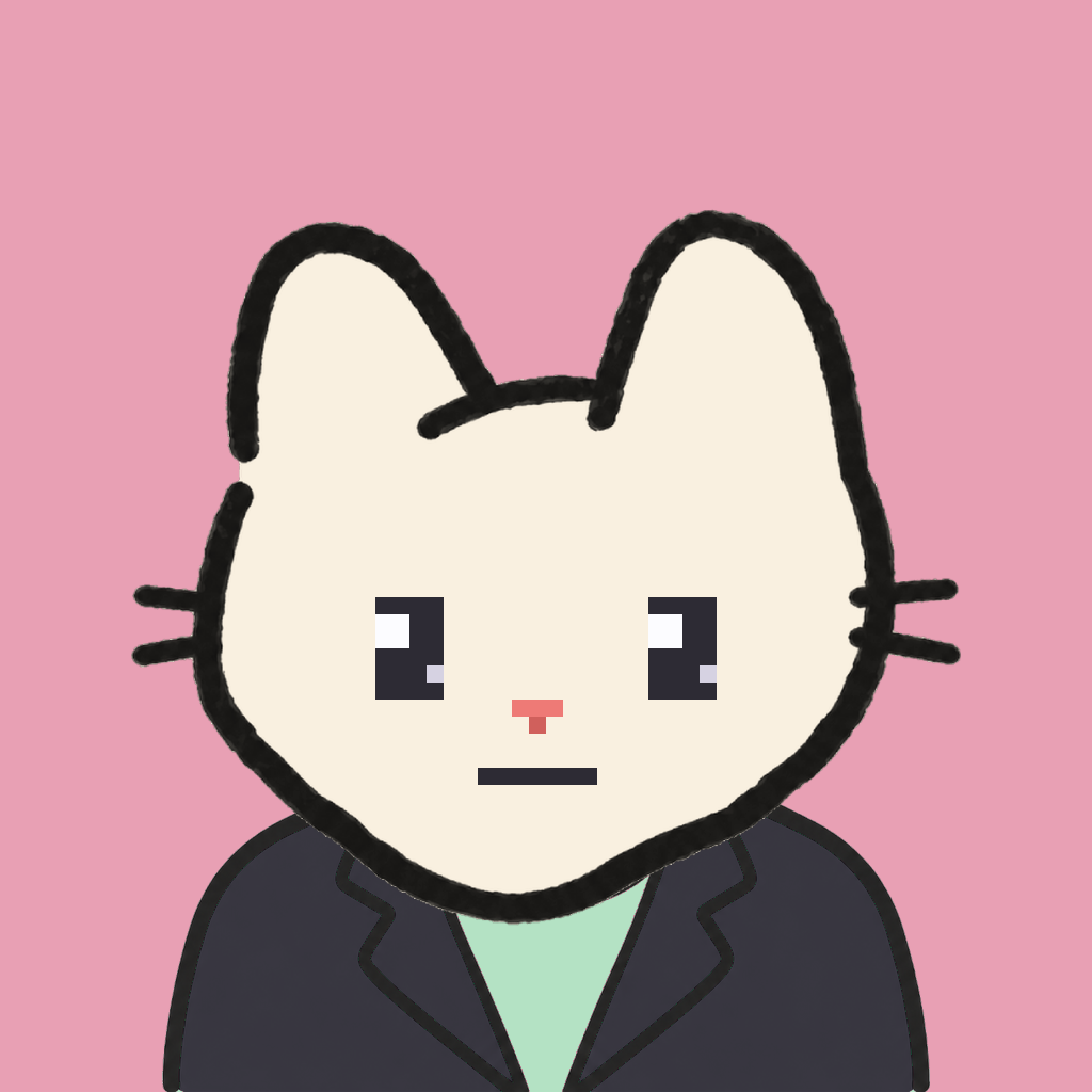 Employee #1038 — a cream cat, in a black suit, on rose