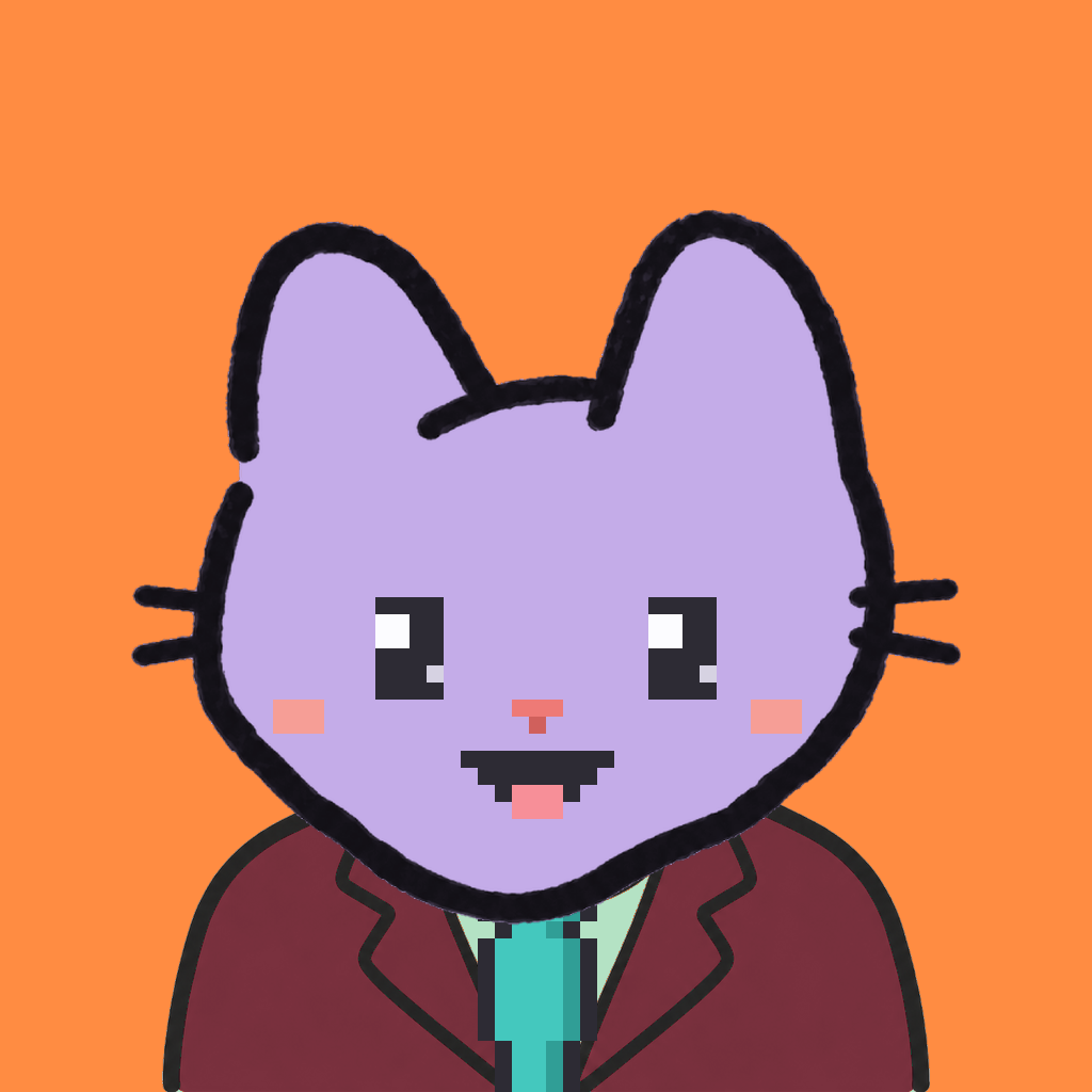 Employee #1039 — a lavender cat, in a burgundy suit, with a teal tie, on tangerine