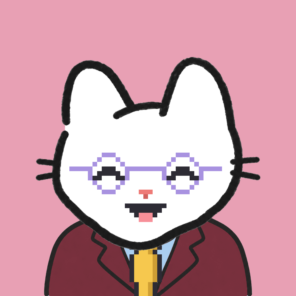Employee #0104 — a white cat, in a burgundy suit, with a gold tie, wearing round-lavender glasses, on rose