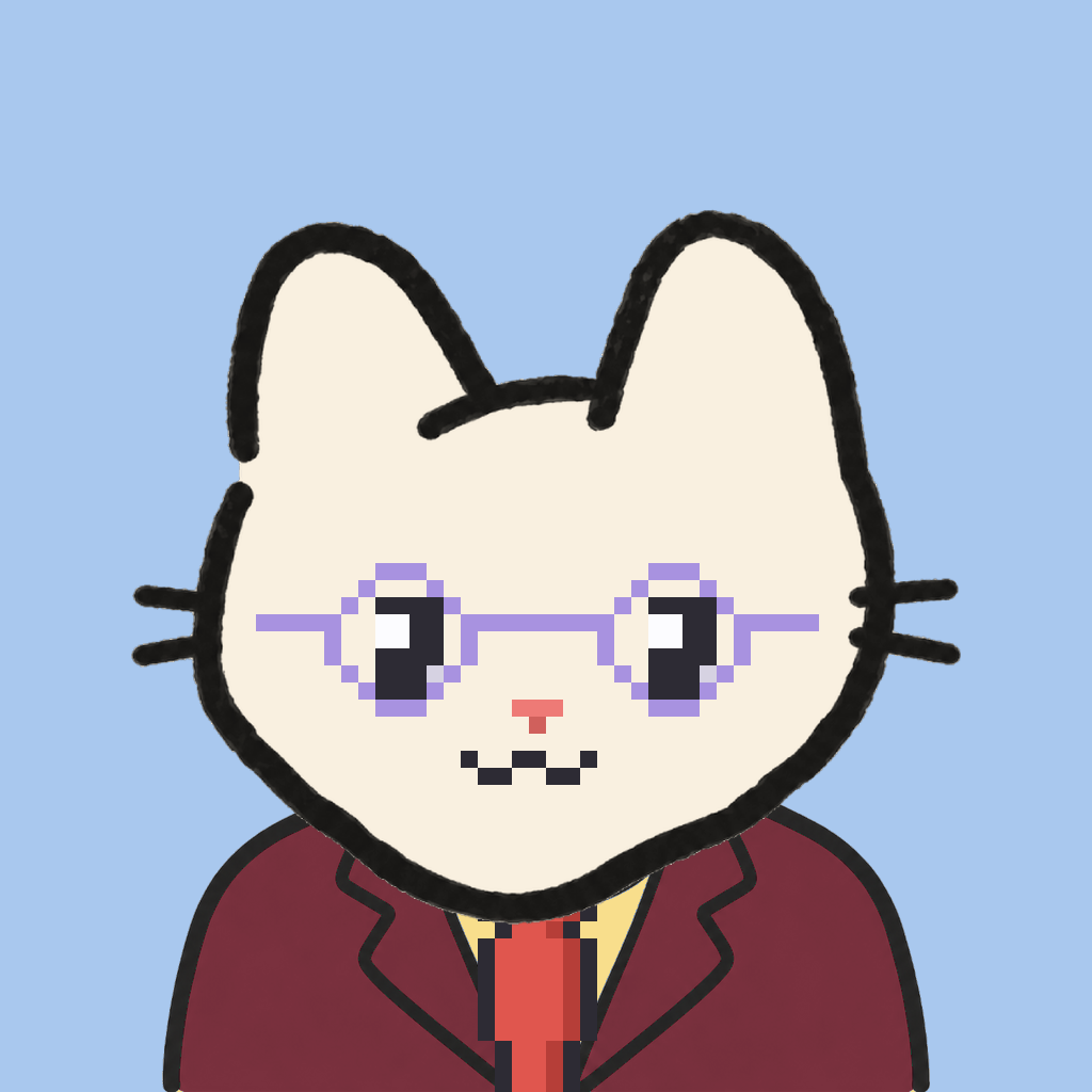 Employee #1040 — a cream cat, in a burgundy suit, with a red tie, wearing round-lavender glasses, on sky