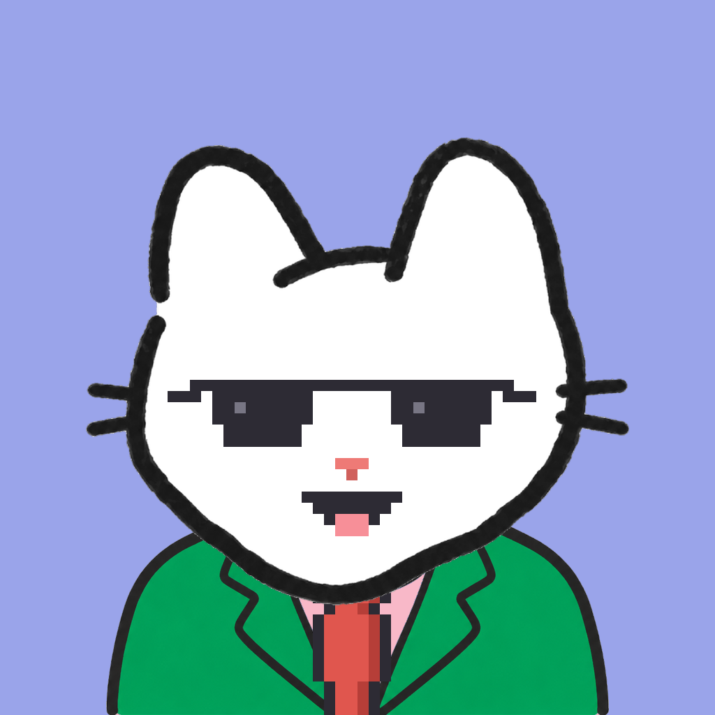 Employee #1041 — a white cat, in a green suit, with a red tie, wearing shades glasses, on periwinkle