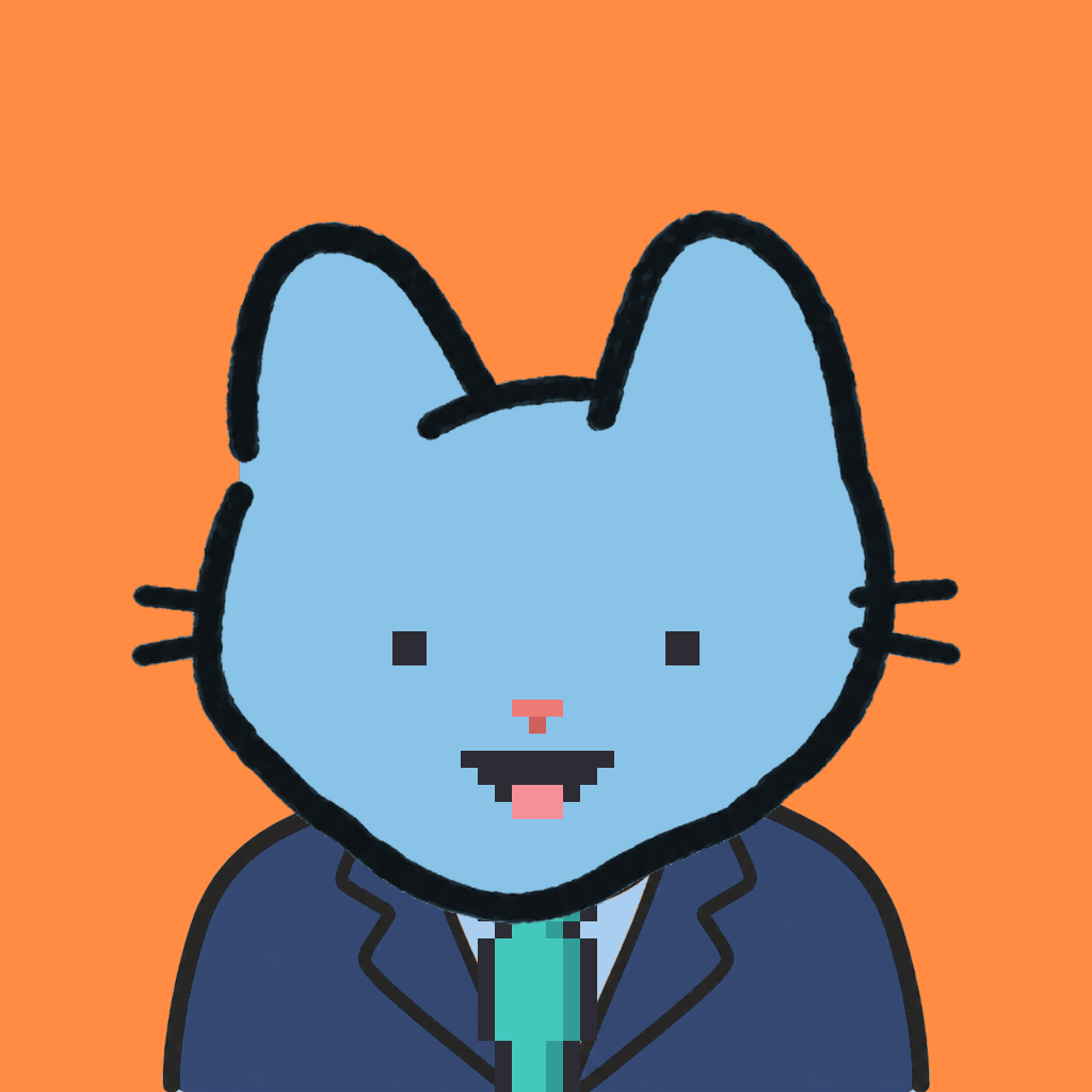 Employee #1043 — a sky cat, in a navy suit, with a teal tie, on tangerine