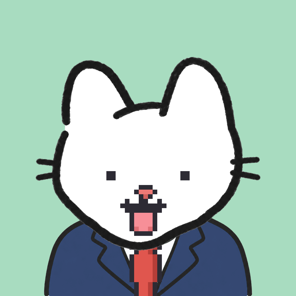 Employee #1044 — a white cat, in a navy suit, with a red tie, on mint