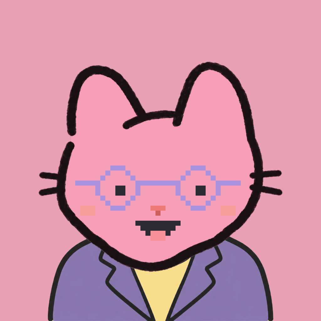 Employee #1045 — a pink cat, in a lavender suit, wearing round-lavender glasses, on rose