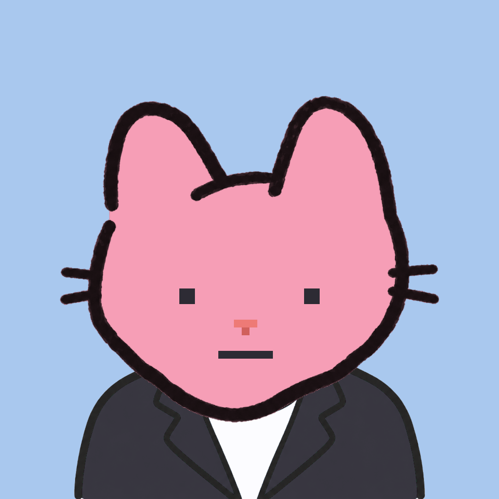 Employee #1046 — a pink cat, in a black suit, on sky