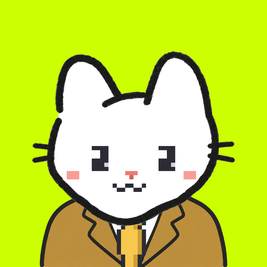 Employee #1047 — a white cat, in a mustard suit, with a gold tie, on volt